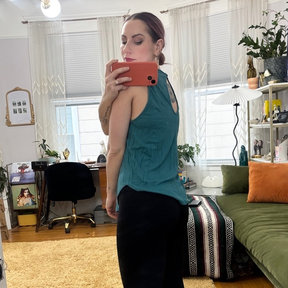 Turquoise Ribbed High Neck Ribbed Forever 21 Sleeveless Tank Top Sz Small - Picture 3 of 7